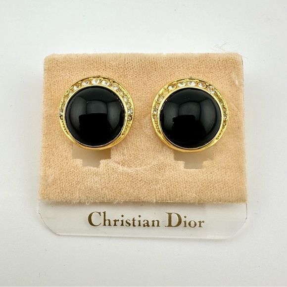Vintage Dior Black Cabochon Crystal Rhinestone Gold Tone Round Clip Earrings - Picture 4 of 9